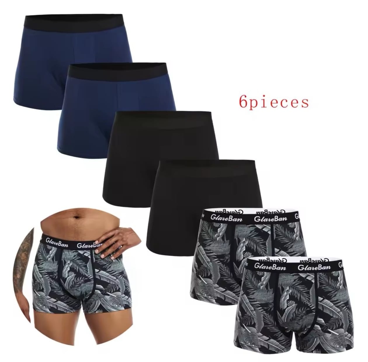 paquete de 6 piezas Calzoncillos bóxer para hombre, ropa interior suave y transpirable, color negro, 2024