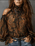Blusa de chifón vintage para mujer con estampado paisley, hombros descubiertos, cuello alto y mangas acampanadas con lazo