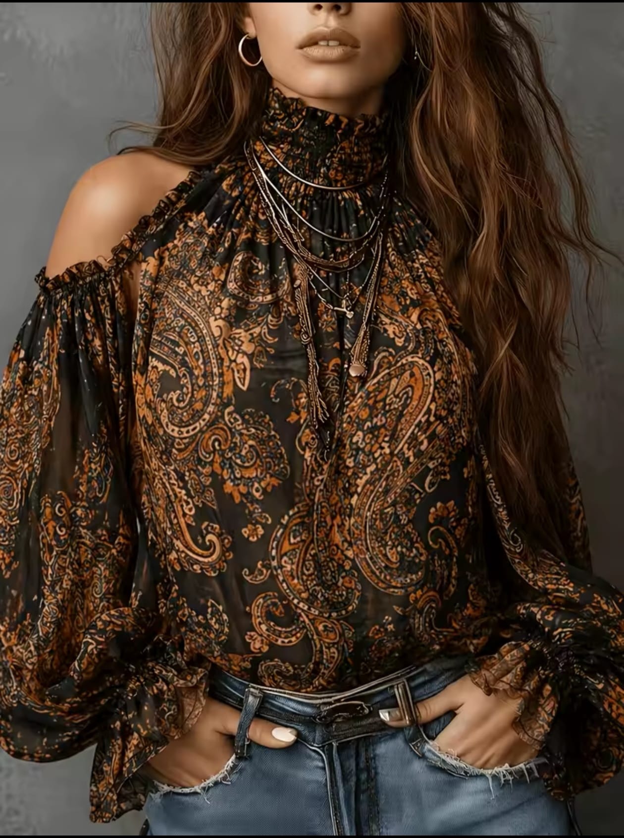 Blusa de chifón vintage para mujer con estampado paisley, hombros descubiertos, cuello alto y mangas acampanadas con lazo