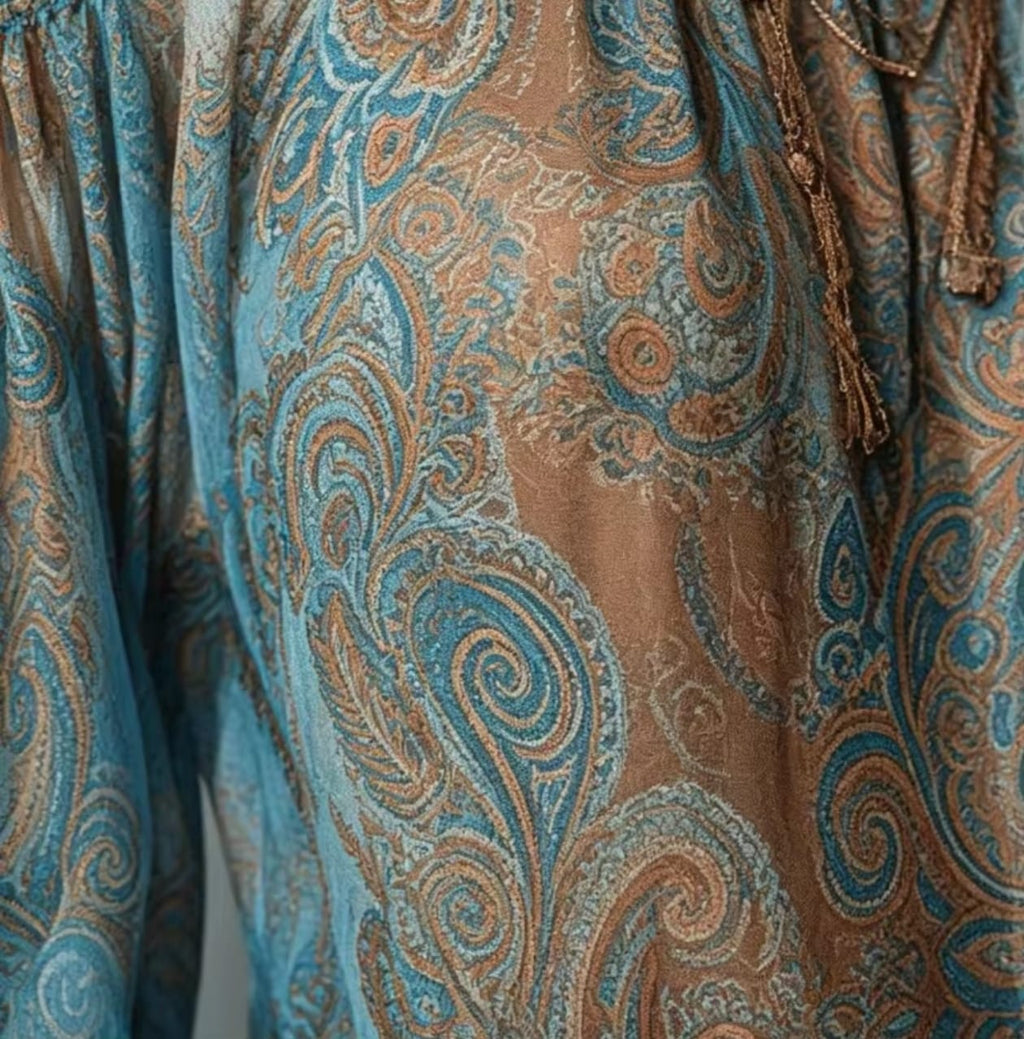 Blusa de chifón vintage para mujer con estampado paisley, hombros descubiertos, cuello alto y mangas acampanadas con lazo