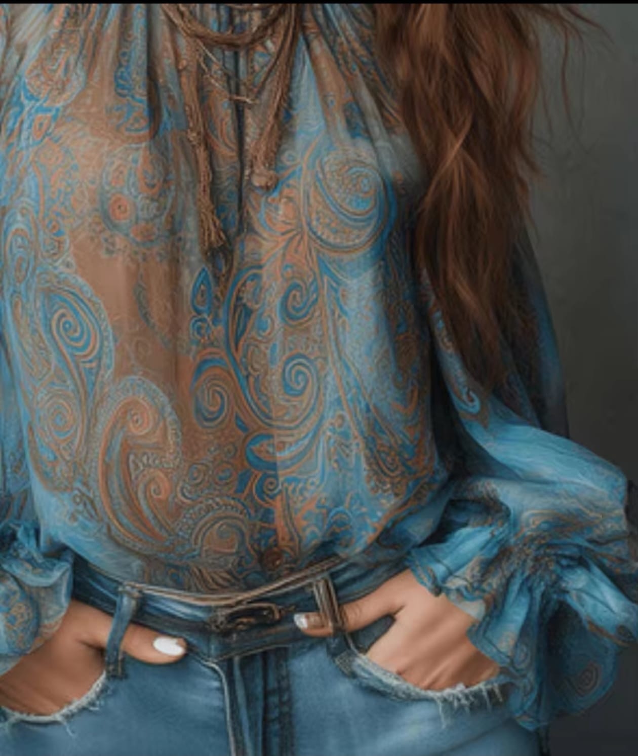 Blusa de chifón vintage para mujer con estampado paisley, hombros descubiertos, cuello alto y mangas acampanadas con lazo