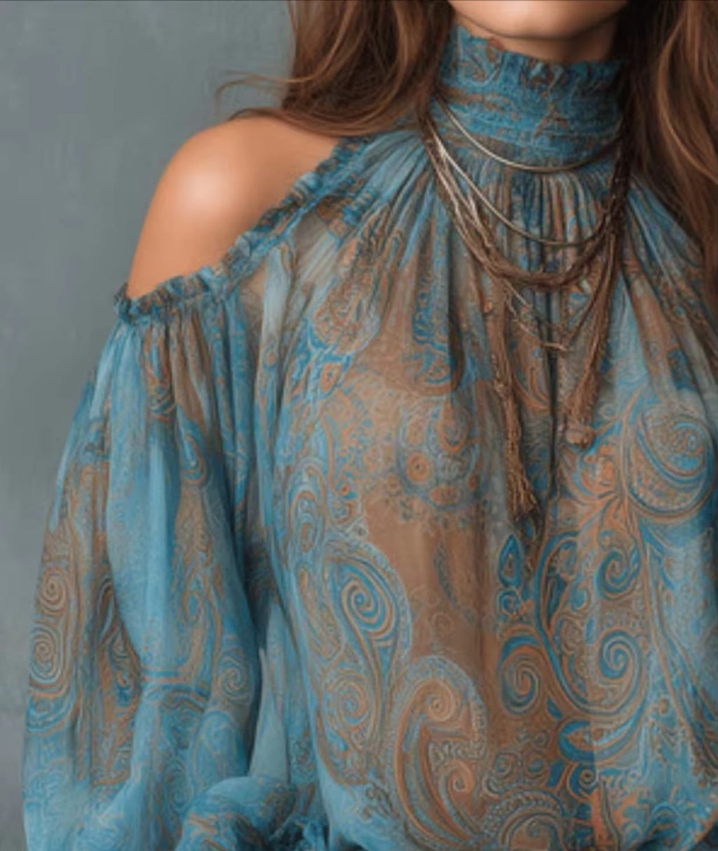 Blusa de chifón vintage para mujer con estampado paisley, hombros descubiertos, cuello alto y mangas acampanadas con lazo