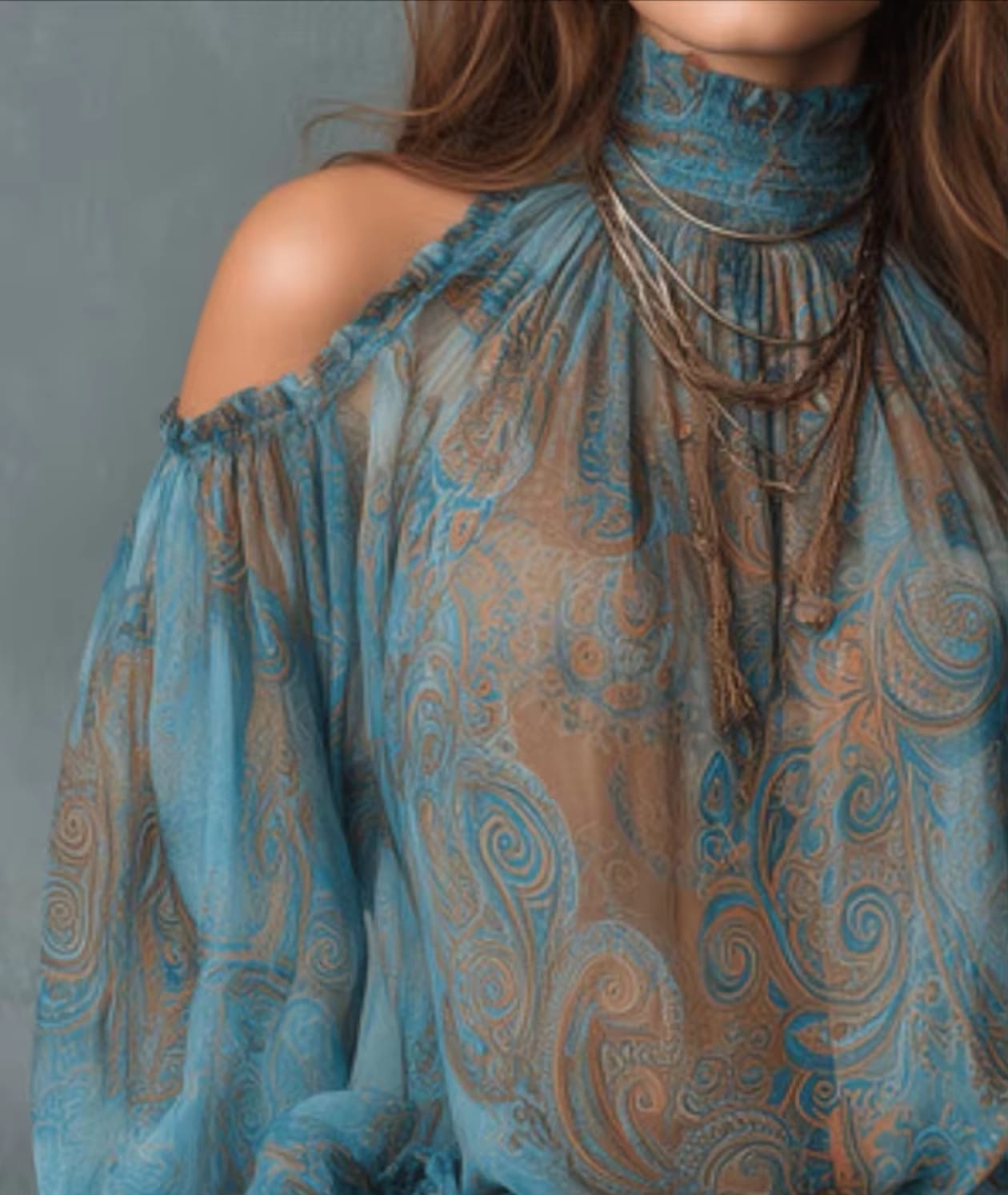 Blusa de chifón vintage para mujer con estampado paisley, hombros descubiertos, cuello alto y mangas acampanadas con lazo