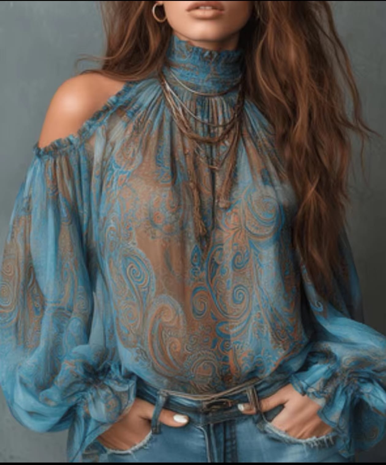 Blusa de chifón vintage para mujer con estampado paisley, hombros descubiertos, cuello alto y mangas acampanadas con lazo