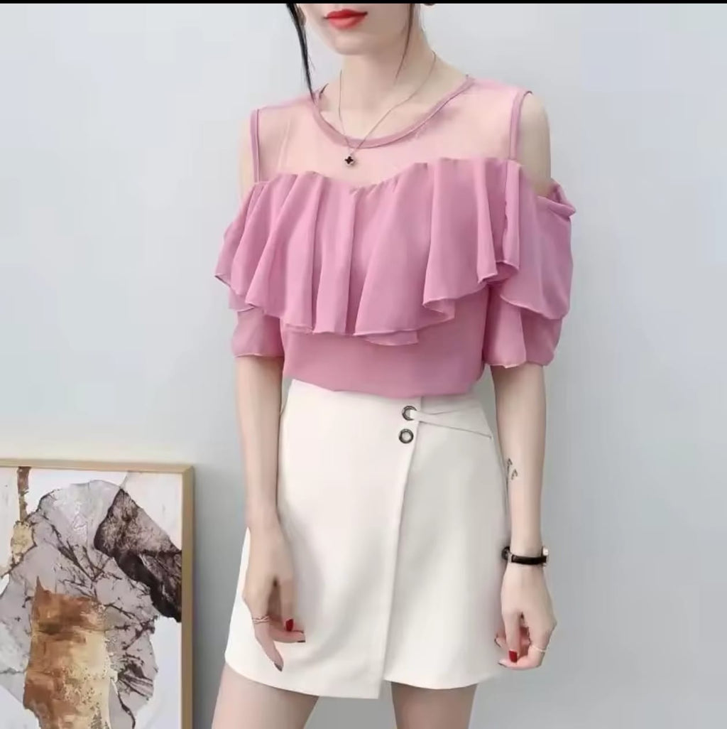 Blusas sexis de gasa con hombros descubiertos para mujer, ropa de moda coreana con volantes, Tops informales ajustados de encaje para mujer, camisas Y2k 2025