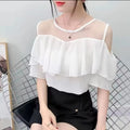 Blusas sexis de gasa con hombros descubiertos para mujer, ropa de moda coreana con volantes, Tops informales ajustados de encaje para mujer, camisas Y2k 2025