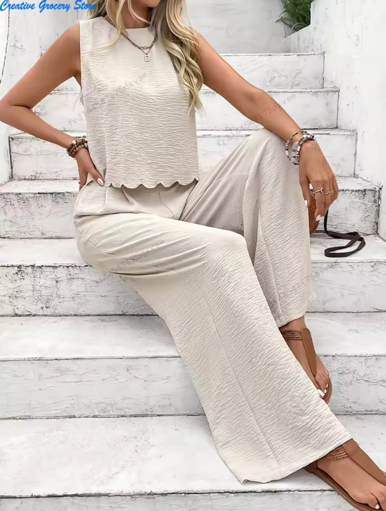 Conjunto de verano de 2 piezas blusa sin manga con cuello en V