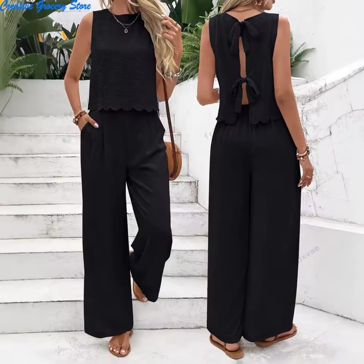 Conjunto de verano de 2 piezas blusa sin manga con cuello en V