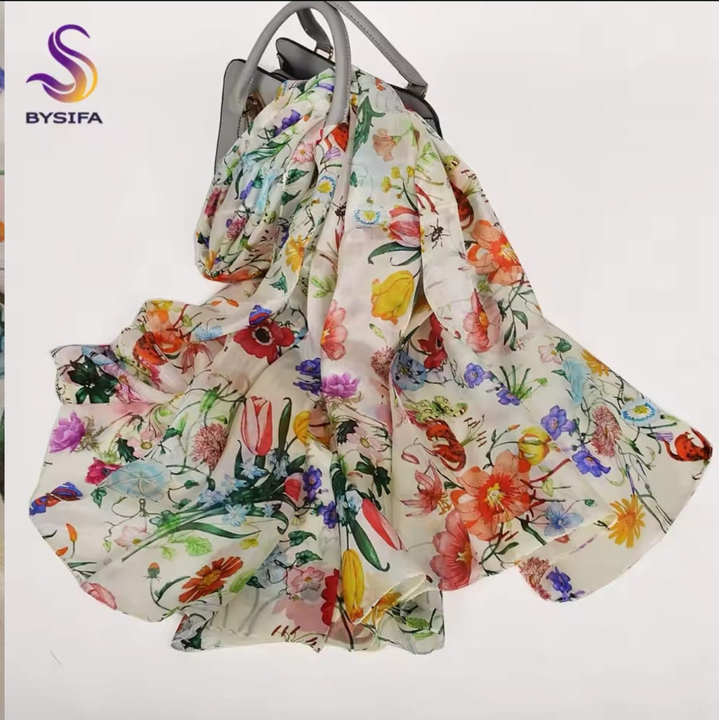 Bufanda blanca de seda de morera para 100%, chal para mujer, nuevo diseño Floral, chal largo de playa para verano, bufandas de lujo para el cuello para mujer, Hijabs
